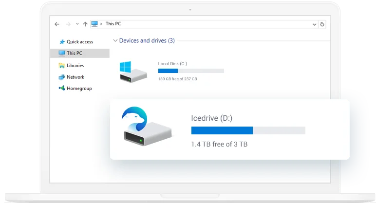 Icedrive desktop app showing 1.4 TB free of 3 TB in the provider’s official image.
