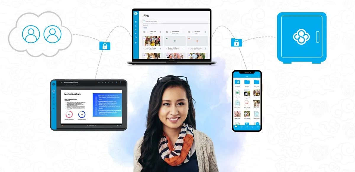 Woman with a laptop and smartphone displaying documents in Sync.com’s official marketing image.